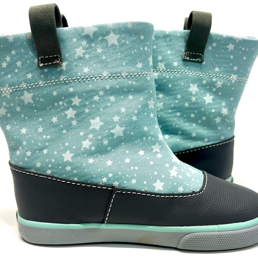 See Kai Run Kids Ripley Boots Aqua/Gray Star Print Pull On Size 9 - Picture 8 of 12